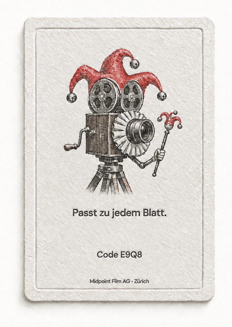 Rückseite: eine Filmkamera als Joker verkleidet. Passt zu jedem Blatt. Code E9Q8.